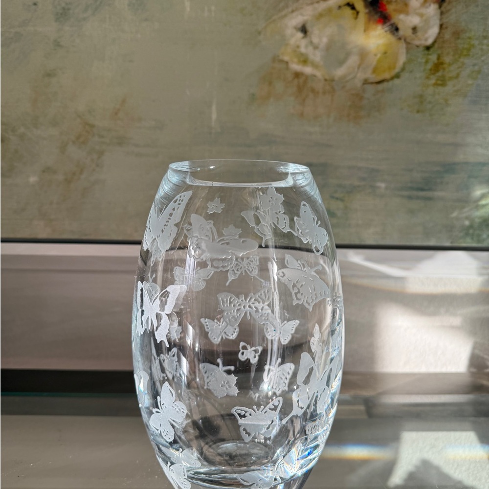 Crystal-Heavy Butterfly Etched Glass Vase